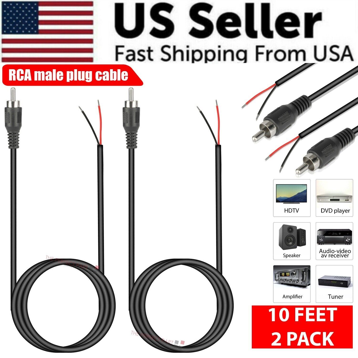 Audio Home Cinema - 2-Pack 10ft RCA Male Plug To