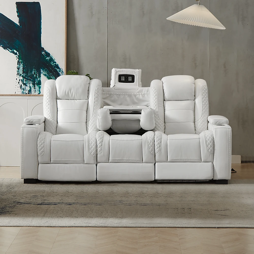 Home Cinema Theater - Luxury Power Recliner White Leather Sofa